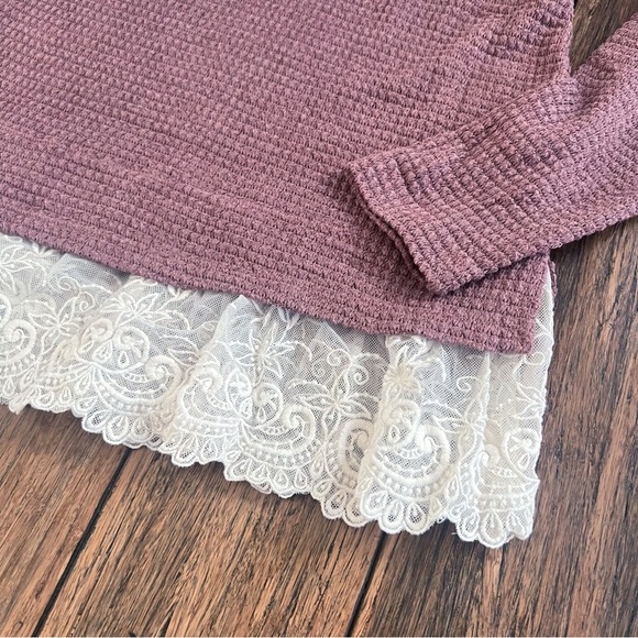 Hem & Thread Waffle Knit Henley Long Sleeve Top Lace Trim Small Cottagecore - Picture 2 of 7